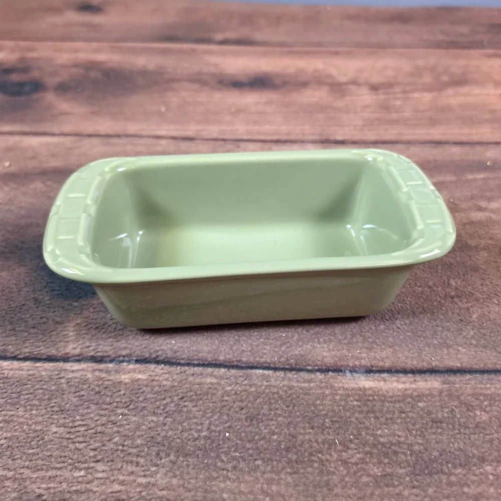 Longaberger Small Loaf Dish Pottery Sage Green Excellent Holiday Fabric Cover